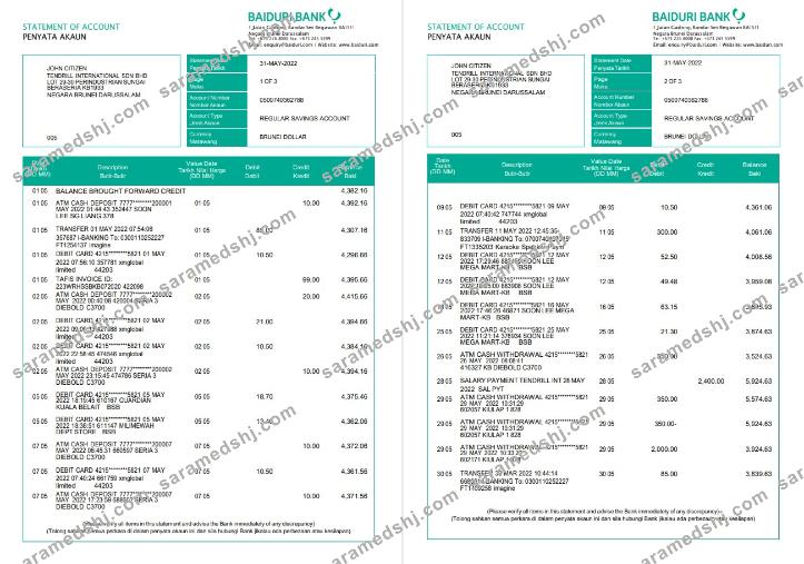 Brunei Baiduri bank statement, Word and PDF template, 3 pages
